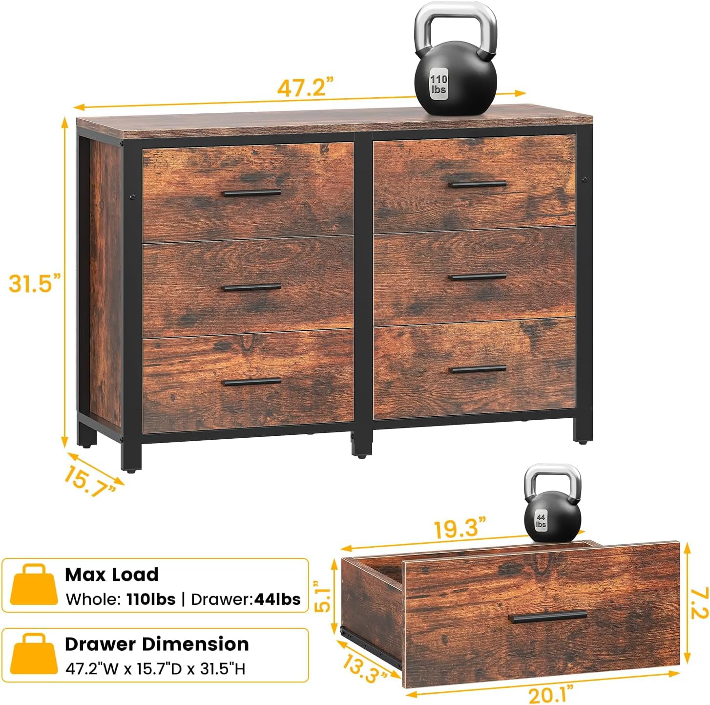 Winkalon Double Dresser with 6 Drawers,Large Chest of Drawers Storage Cabinet for Bedroom Living Room,Brown