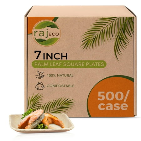 

Raj Palm Leaf Plates [50-Pack] 7 Square Plates(10 CASES - 500 PACK) like Bamboo plates Disposable Strong Decorative Compostable Tableware for weddings Lunch Dinner Birthday Camping