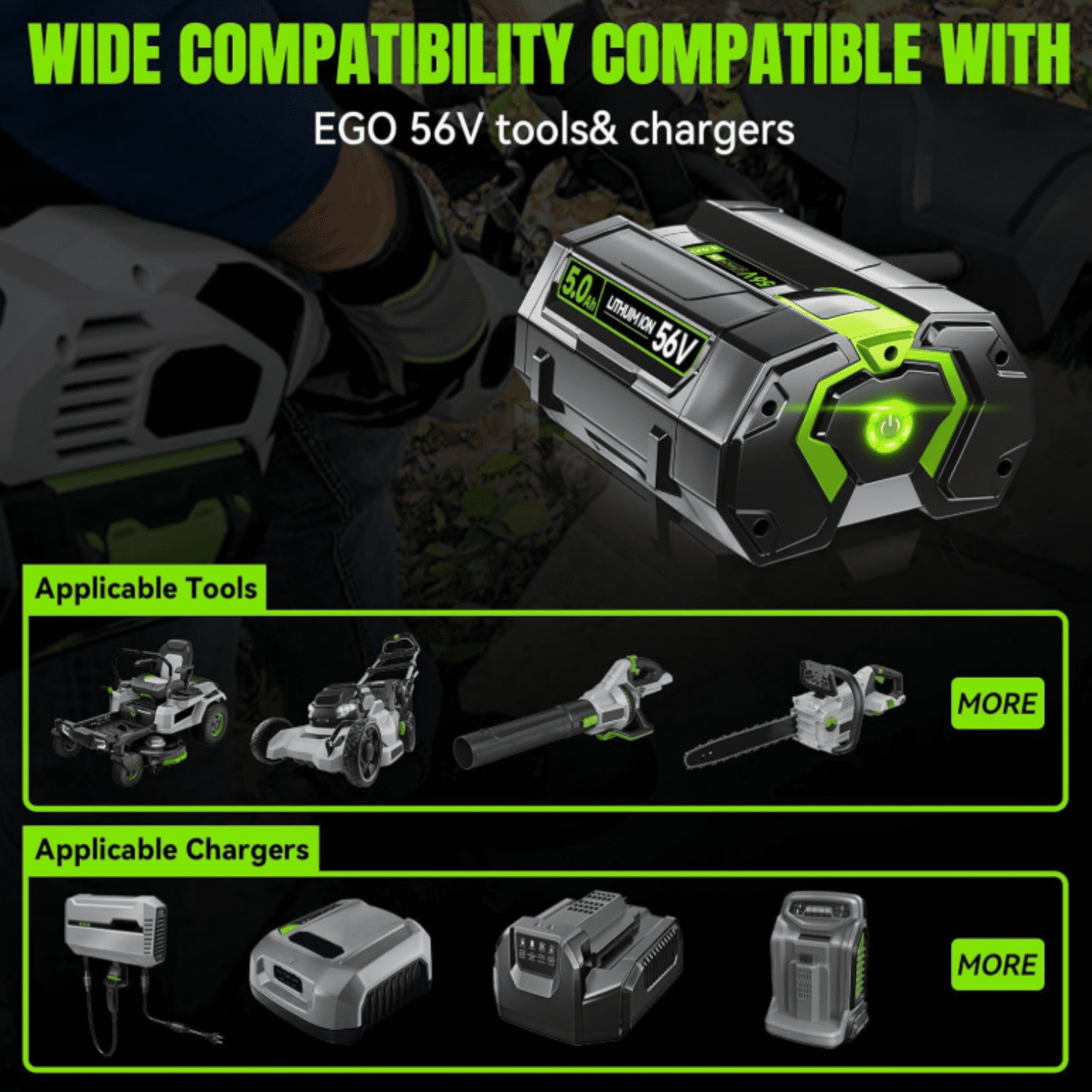56V 5.0Ah Lithium-ion Battery Replacement for EGO 56V Battery BA1400T BA2800T BA4200T BA5600T and Other Battery Models Compatible with EGO 56 Volt Lithium-Ion Battery Power Tools
