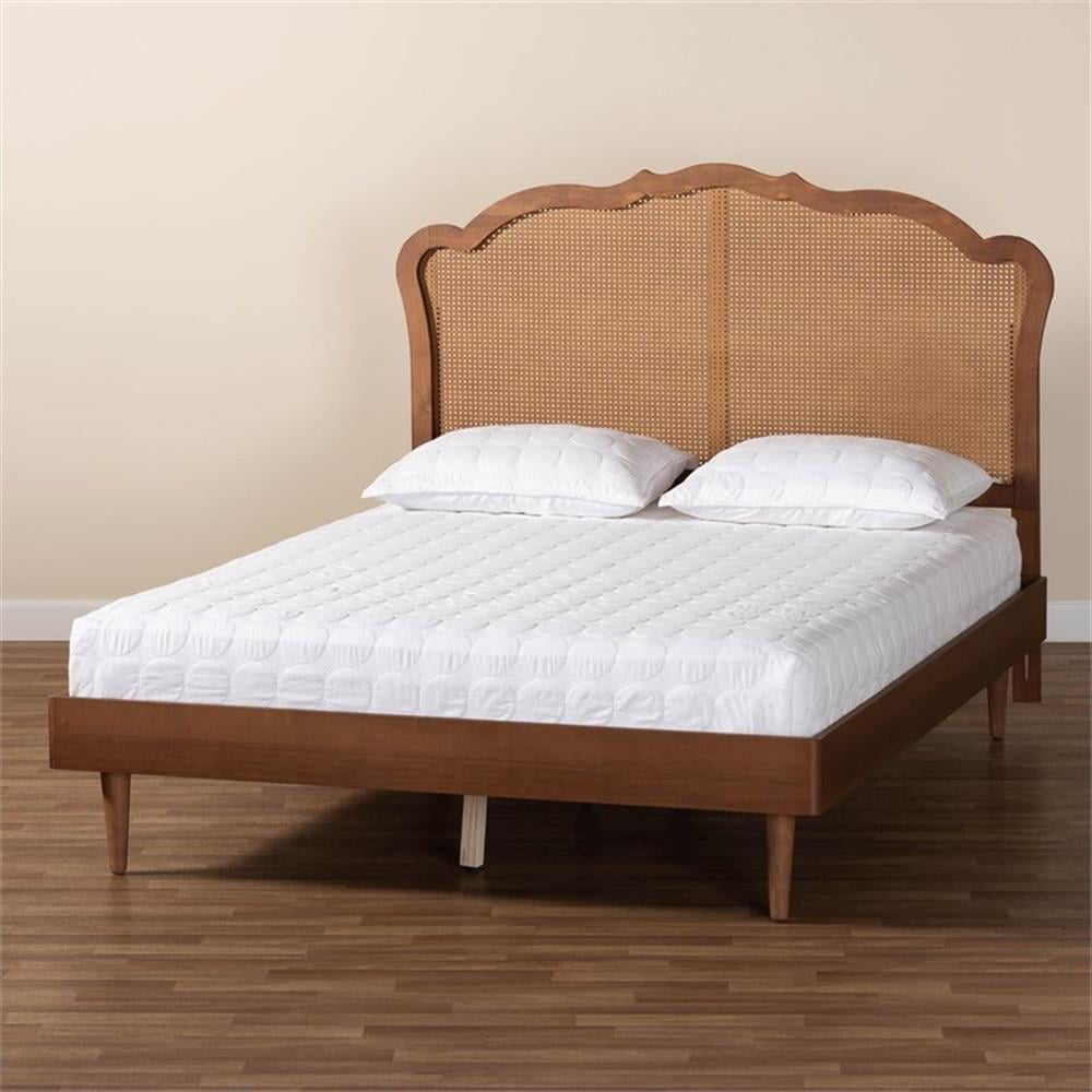 Baxton Studio Camden Walnut Brown Wood and Rattan King Size Platform Bed