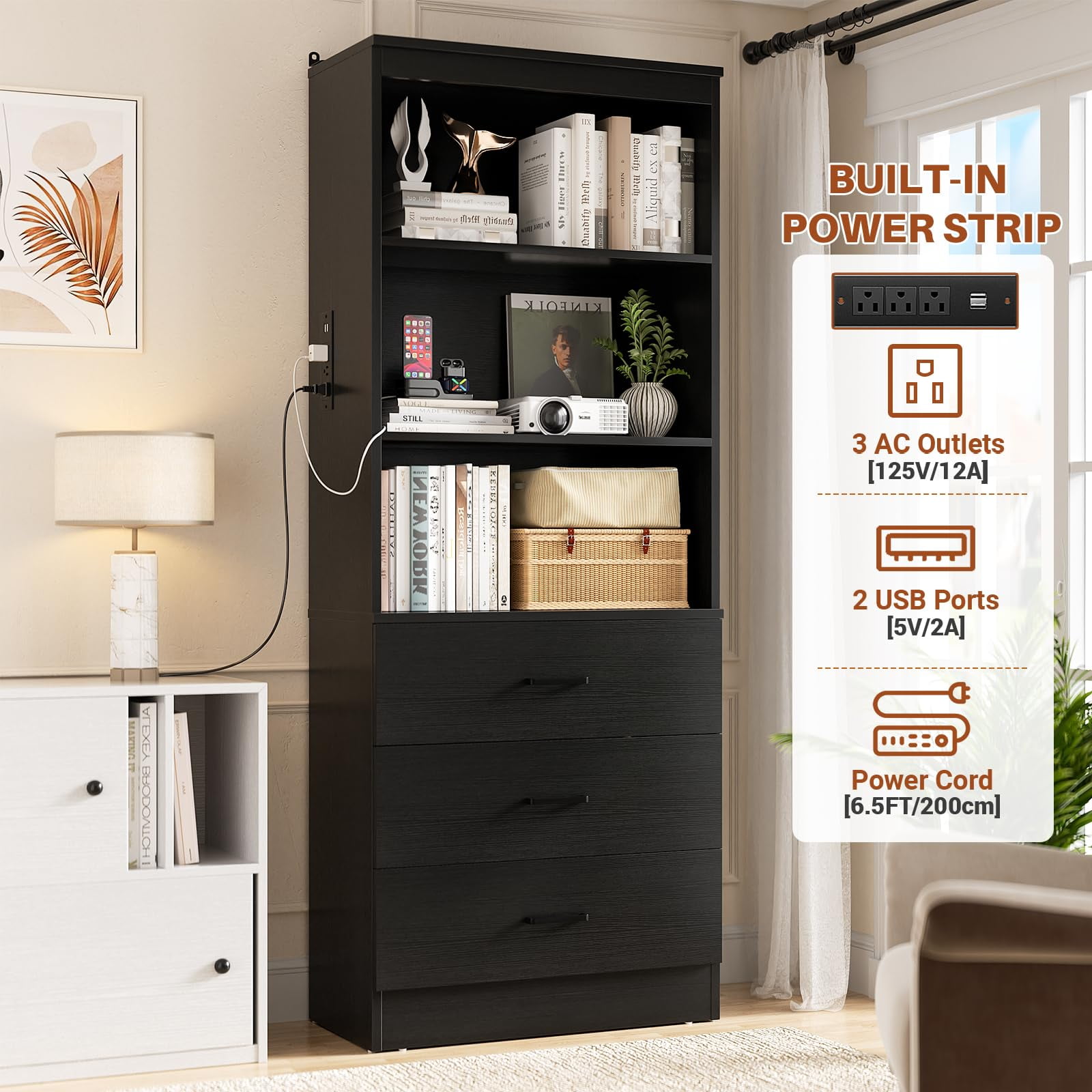 Homieasy 71" Tall Bookcases with 3 Large Drawers & 3 Shelves, Wooden Bookshelf for Living Room Office, with USB Ports & Outlets.Black