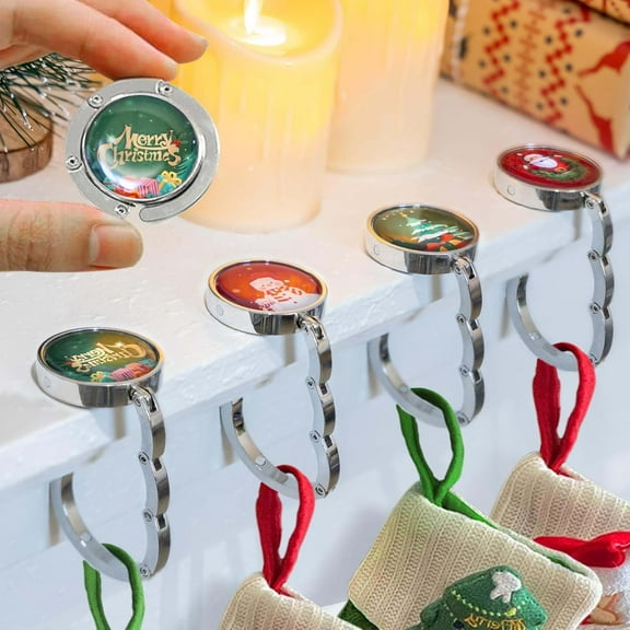 Christmas Stocking Holders for Mantle Set 4, Fireplace Stocking Holder, Metal Stocking Hangers for Mantle, 4 Pcs Hooks Garland Hanging Party Decoration Silver Flat Dog Heavy Xmas Weighted Mantel Deco