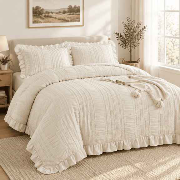 Beige Queen Seersucker Ruffle Boho Farmhouse Bedding Comforter Set