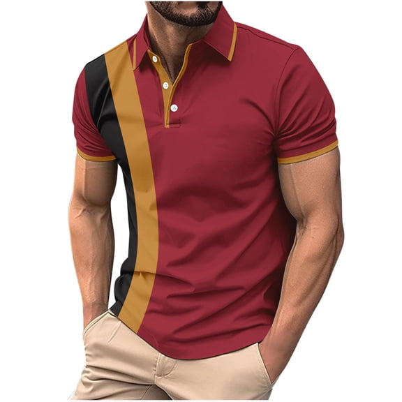 BRGZLK Mens Color Block Polo Shirts Trendy Stripe Casual Short Sleeve T Shirt Summer Turn-Down Collar Comfy Breathable Moisture Wicking Golf Tops Wine L
