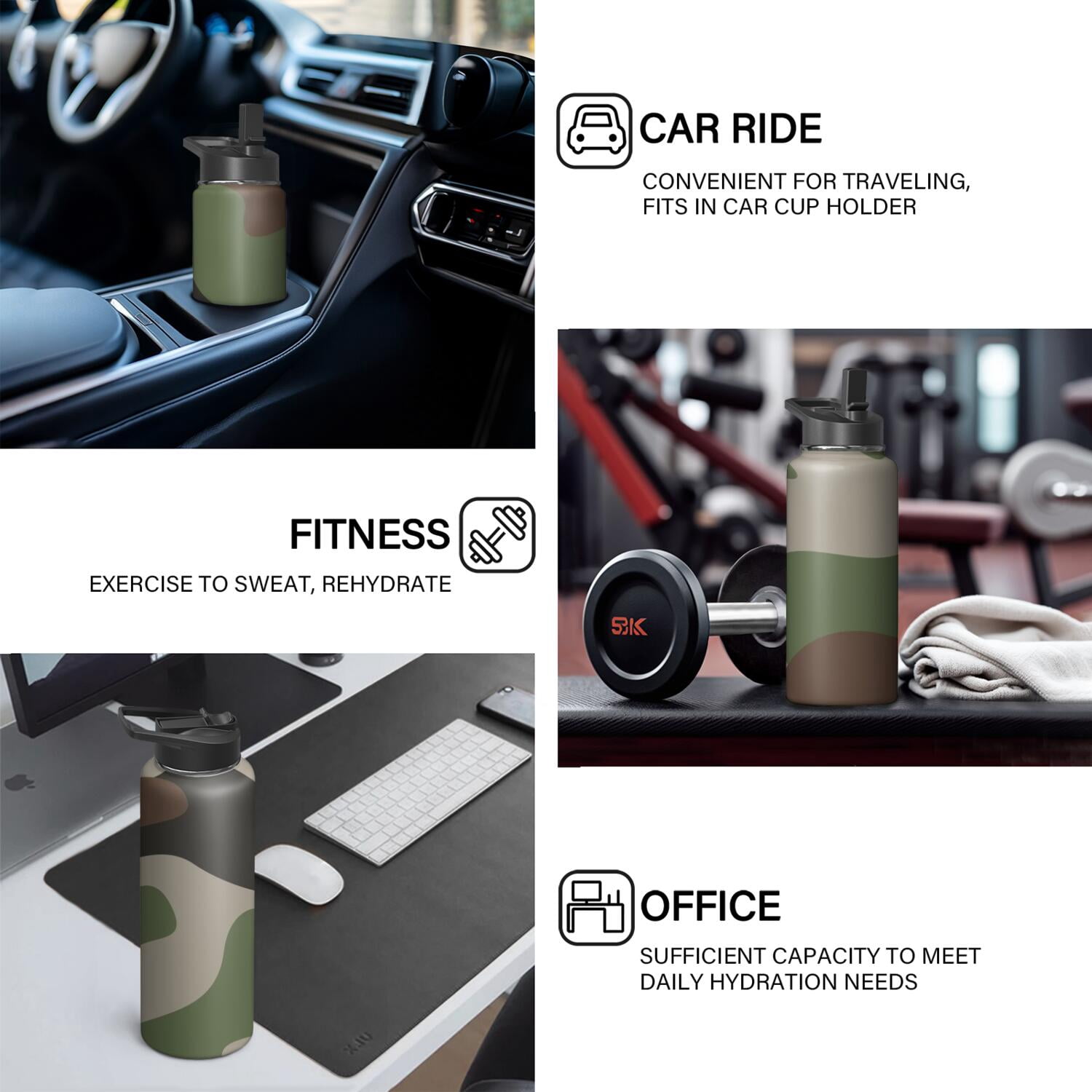 Camouflage Insulated Stainless Steel Water Bottle with Straw & Cleaning Brush – 18/32/40 Oz | Leakproof, BPA-Free, 304 Stainless Steel, Wide Mouth, Travel Mug for Car, Gym, Office