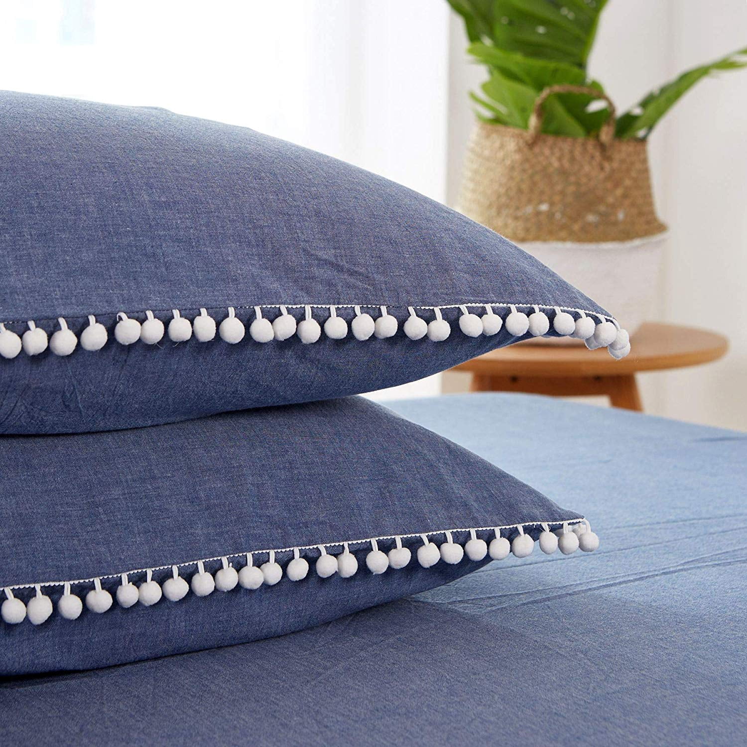 MarCielo Cotton Duvet Cover Set 3 Piece 100% Washed Cotton Duvet Cover 1 Duvet Cover + 2 Pillowcases Pompom (Blue, King(104x90))
