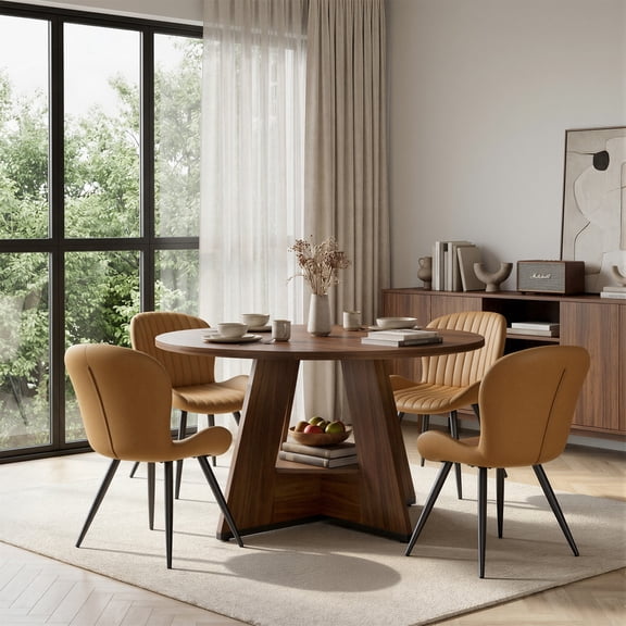 Hawsaiy 5 Piece Round Dining Table Set for 4, 47.3" Kitchen Dining Table with Storage Shelf & 4 Upholstered Dining Chairs, Modern Dining Room Furniture Set with Metal Legs