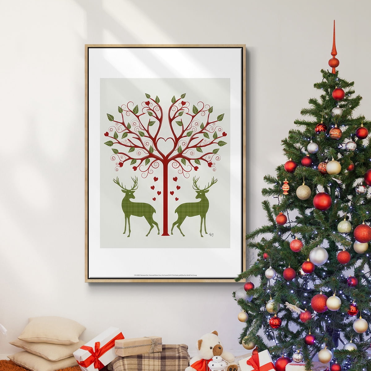 Christmas Des - Deer and Heart Tree, On Cream - Framed Gallery Wrapped Holiday Canvas - 27 x 41 - Natural Wood Frame