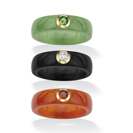 Jade White Gold Ring - Genuine Jade and Peridot, Garnet and White Topaz 3-Piece Ring Set in 10k Yellow Gold