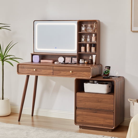 YOCWO Modern Makeup Vanity Desk with LED Lighted Mirror & Charging Station, Walnut Wood Finish Vanity Table with 4 Drawers, Open Shelves, and Side Cabinet, Compact Bedroom Dressing Table with Stool