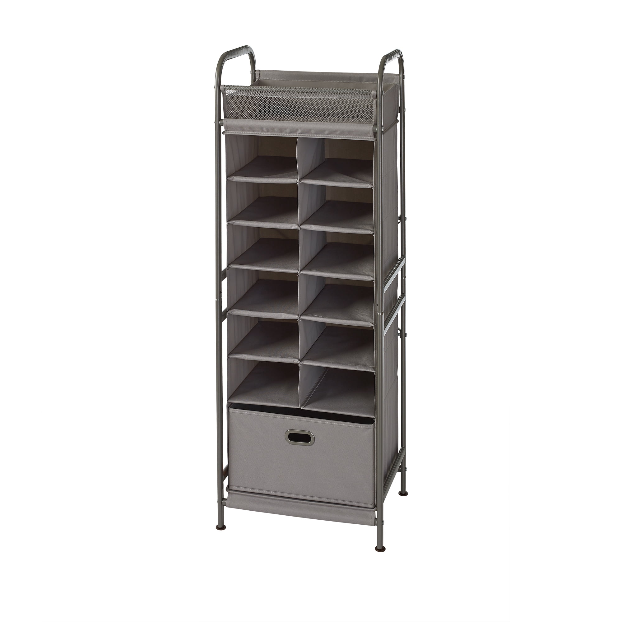 Neatfreak Vertical 12 Cubby Silver Shoe Rack and Organizer with 1 Drawer, Freestanding, Metal and Fabric
