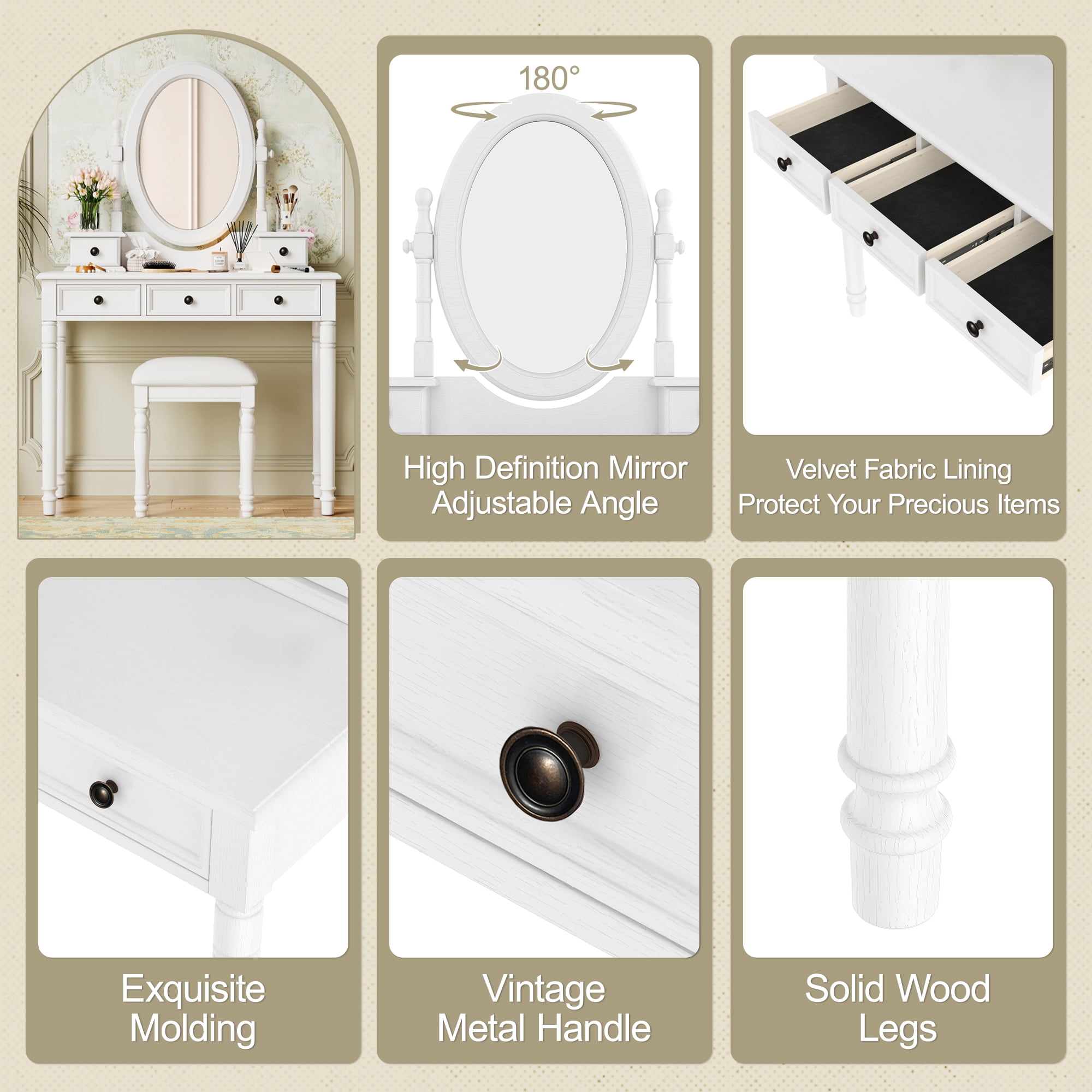 Euroco Vintage Wooden Vanity Desk Set with Adjustable Mirror, Cushioned Stool & 5 Velvet-Lined Drawers, Solid Wood Makeup Table with Oval Mirror and Carved Details