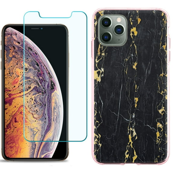 For Apple iPhone 11 PRO Case, Slim-Fit TPU Protective Phone Case (Pink Bezel) with Tempered Glass Screen Protector, by OneToughShield ® - Marble / Gold/Black