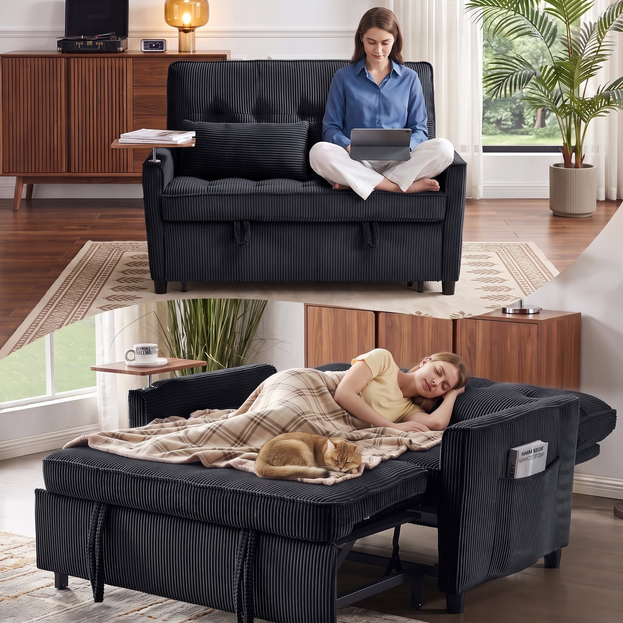 avobird 54'' 3 in 1 Pull Out Sofa Bed, Convertible Couch with Adjustable Backrest/Side Pockets/USB Charging Ports, Sleeper Sofa with small table for Living Room, Black