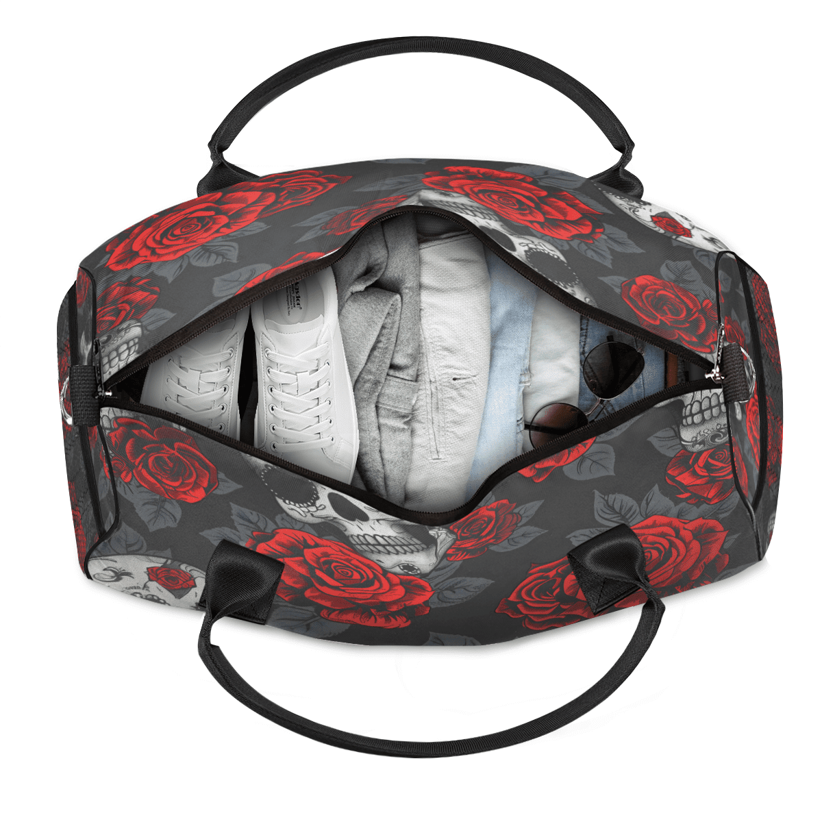 Herdesigns Skulls And Roses Gym Duffle Bag for Men Women, Travel Sports Bag Waterproof Lightweight Weekend Carry On Tote