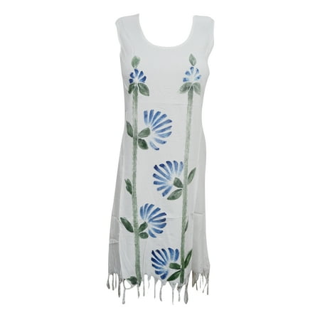 - Mogul Womens Dress Tassel Fringe White Printed Sleeveless Shift Dresses