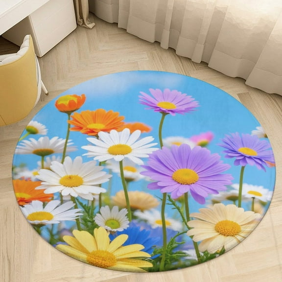 Colorful Daisies in Bloom Round Area Rugs for Bedroom Living Room, 3FT Soft Indoor Circle Carpets, Carpet Home Decor Floor Mat