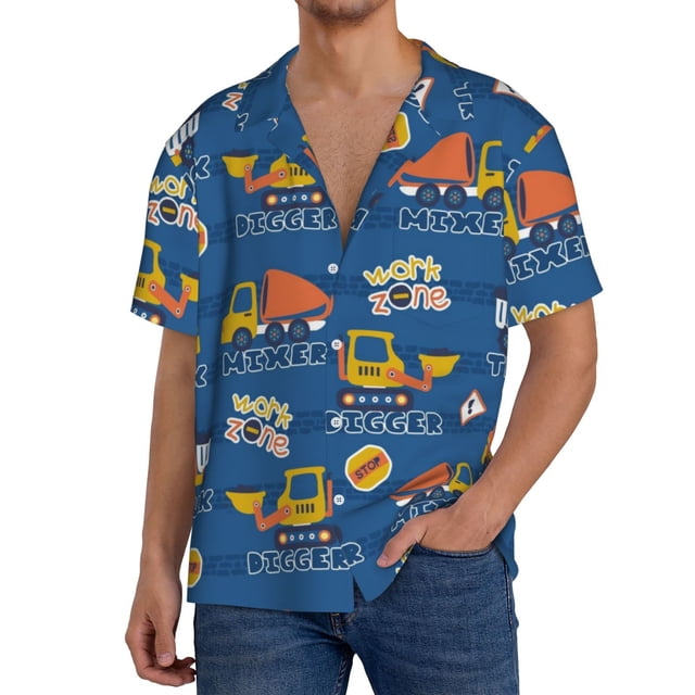 Balery Construction Vehicles Camisa Casual de Manga Corta con Botones para Hombre, Texturizada, Estilo Cubano, para Playa, Verano-Small