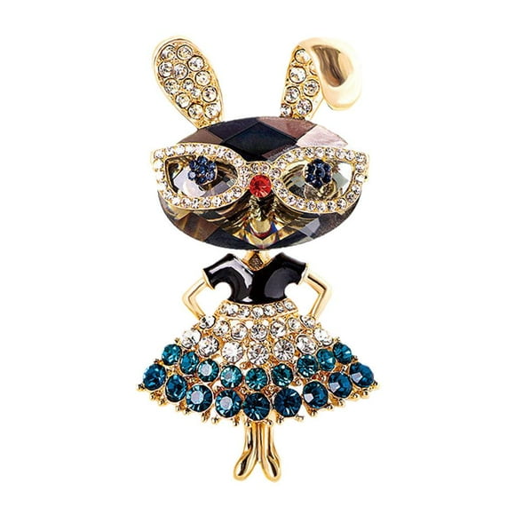 GINTBN Rhinestone Crystal Bunny Pin for Women Girls,Cute Easter Miss Rabbit with Dress and Glasses, Fashion Bunny Animal Lapel Pins Jewelry Gift for Daughter Teacher Students