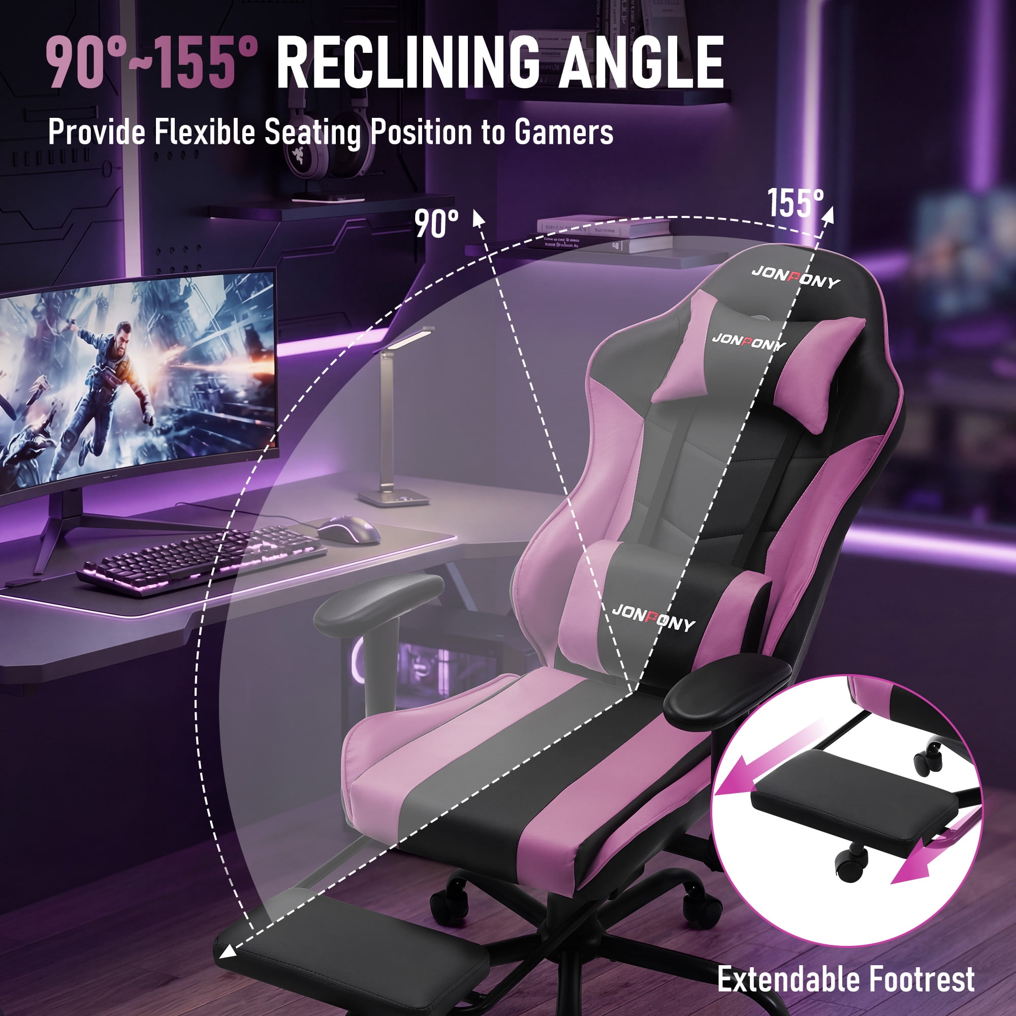 JONPONY Big and Tall 500LBS Gaming Chair with Footrest and Lumbar Support, High Back Ergonomic Recliner,Height Adjustable Leather Computer Desk Chair for Home Office, Purple
