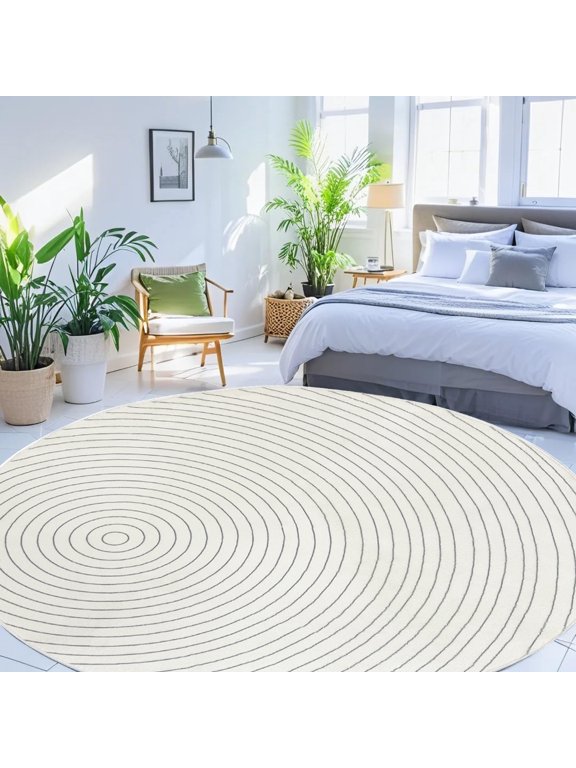 Modern Abstract Area Rug 6Ft Round Line Rug Contemporary Striped Living Room Rug Nonslip Soft Floor Carpet Suitable for Bedroom Playroom, Conch