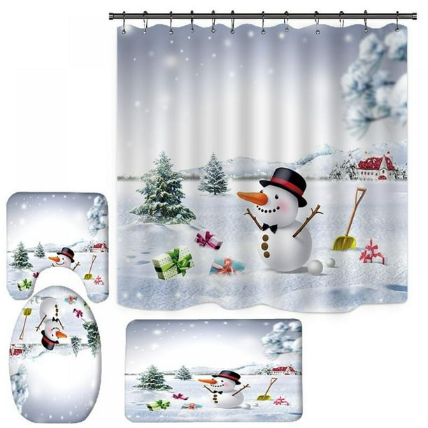 4Pcs/set Christmas Snowman Shower Curtain Bath Mat Toilet Cover Rug