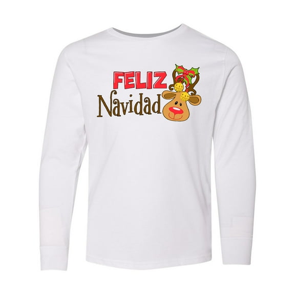 Inktastic Christmas Feliz Navidad with Cute Reindeer Long Sleeve Youth T-Shirt