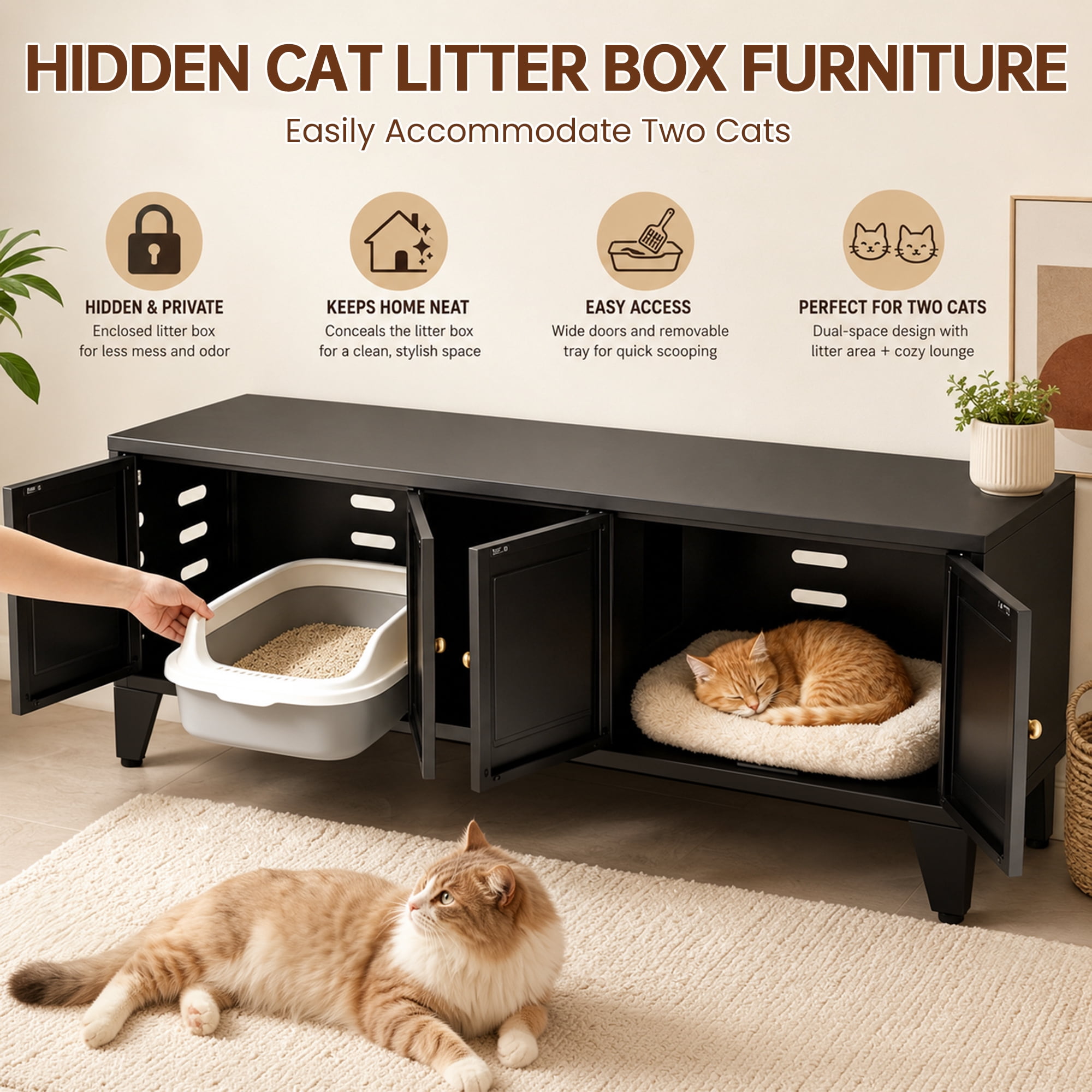 58" Metal Cat Litter Box Enclosure, Hidden Litter Box Furniture for 2 Cats, Large Indoor Cat House TV Stand Cabinet with Ventilation & 2 Compartments, Black Modern Pet Washroom with Adjustable Legs