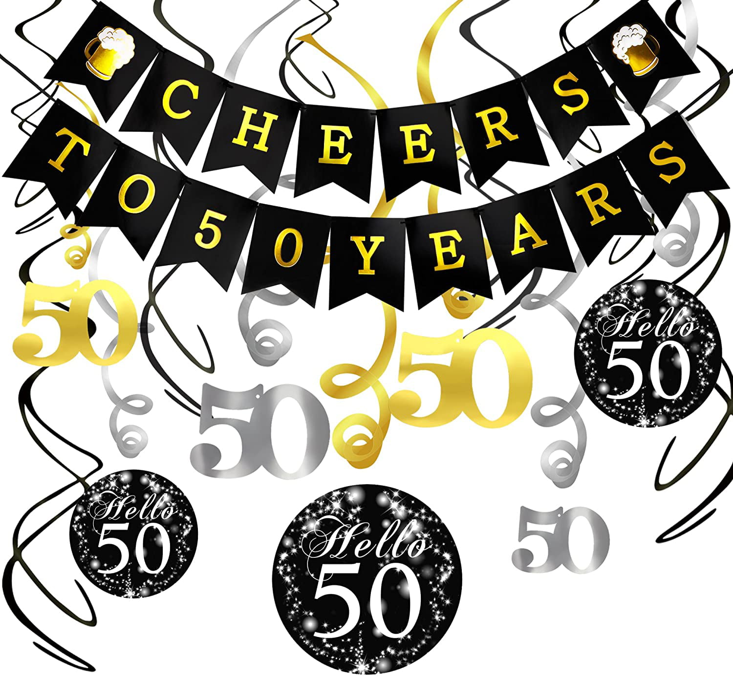 Cheers to 50 Years Bunting Garlands 50 Years Old Birthday/Anniversary Party Decoration Supplies Pre-Strung Sliver Glitter Happy 50th Birthday Banner