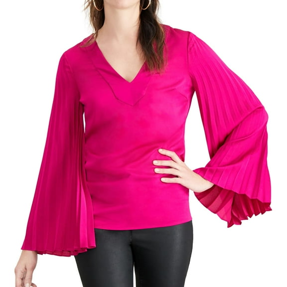 Trina Turk Womens Almande Pleated Sleeve Pullover Blouse, Pink, X-Small