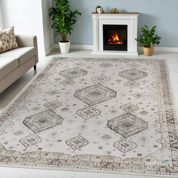 Superior Burj Ivory Medallion Washable Indoor Area Rug, 10' x 14', Ivory