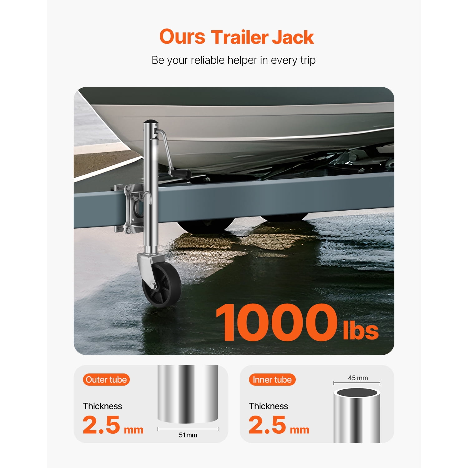 KFFKFF Trailer Jack with Wheel, 1000 lbs Capacity, Durable Swivel Design with PP Wheel & Comfortable Handle, 10-inch Lift, Suitable for RVs, Boats, Horse Trailers, and Utility Trailers
