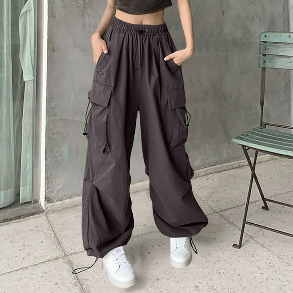 VOONCAS Women's Gray Cargo Pants Size M - Nylon Spandex Blend, High Waist Wide Leg, Breathable Stretch, Multiple Pockets & Elastic Drawstring Waist for Casual/Travel