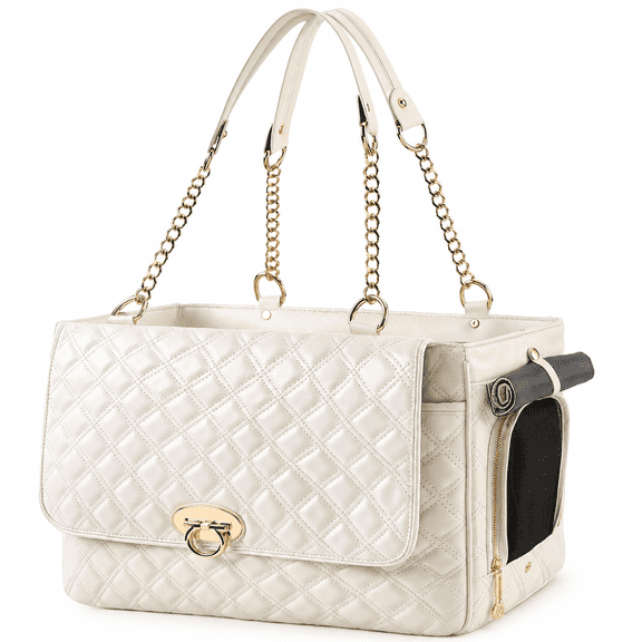 Dog Purse Carrier with 2 Large Pockets - PU Leather Pet Tote for Small Dogs Cats Up to 10 lbs, Airline Approved Soft-Sided Travel Carrier for Puppies (White, Small)