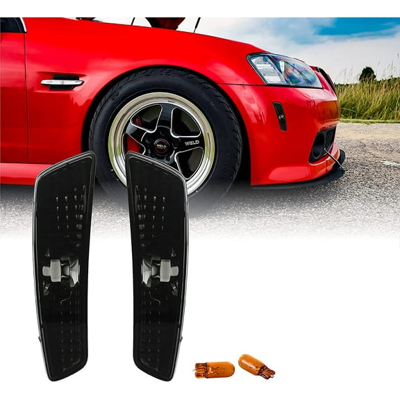 USR 08-09 G8 Side Marker Lights - Smoke Front Bumper Sidemarkers Lamps Set (Left   Right) Compatible with 2008-2009 Pontiac G8 GT GXP (Smoked Lens with Amber Bulbs)