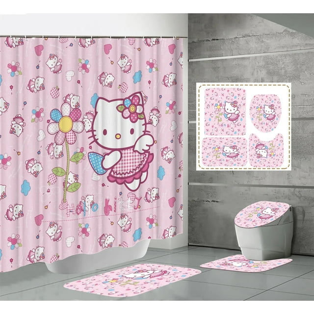 Rideau de Douche Kawaii Hello Kitty Ensemble Quatre Pièces Kit Anime Sanrio Impression Rideau de Douche Tapis Coussinet en U Imperméable Neuf LS