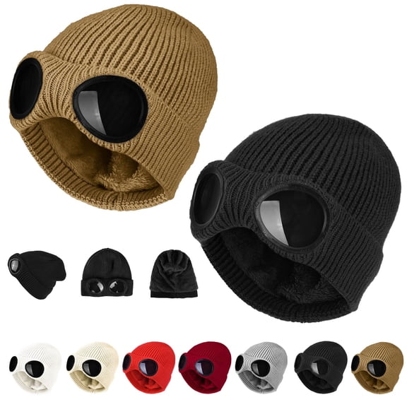 2PCS Goggle Knit Beanie with Goggles Unisex Goggle Knitted Beanie Hat Windproof Warm Winter Skull Cap