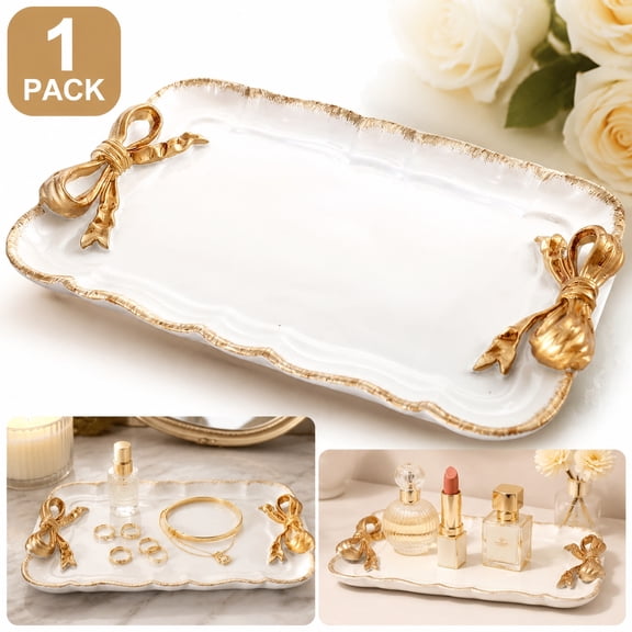 Vintage Decorative Tray , Elegant Jewelry & Cosmetics Organizer with Bow Design , Resin Storage Tray for Rings, Necklaces, Bracelets ,Vanity Tray for Dresser, Bathroom (White)