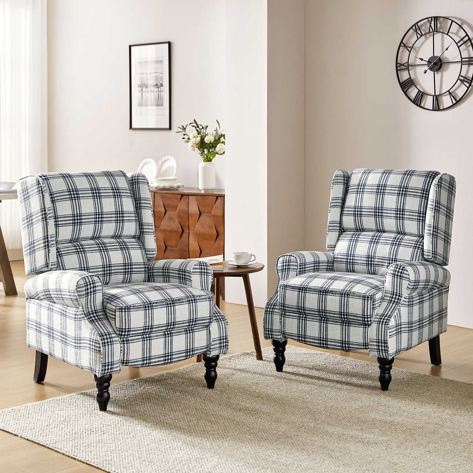 Tina's Home GREENGUARD Certified VintagePlaid Black Wingback Manual Push Back Recliner Chair Set of 2 for Living Room