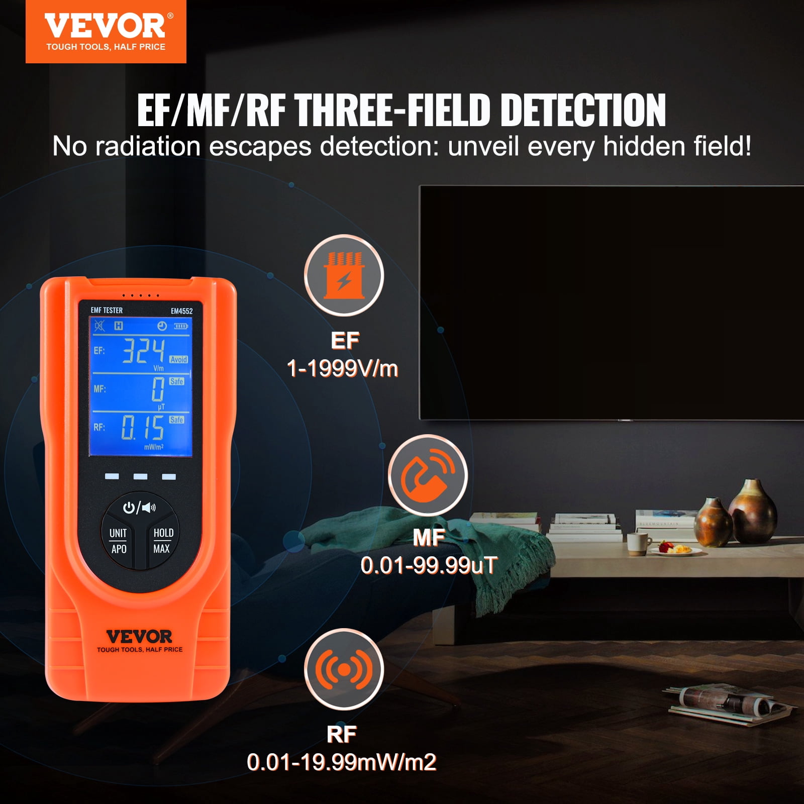 KFFKFF Digital LCD 3-in-1 EMF Meter Electromagnetic Radiation Detector EF MF RF