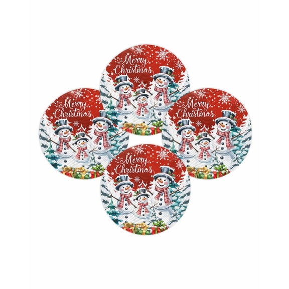 Christmas Round Placemats Set of 4 Merry Christmas Snowman Place Mats Washable Woven Placemat Pine Tree Snowflake Red Circle Braided Table Mat for Kitchen Dining Table Party Home Decor 15 Inch