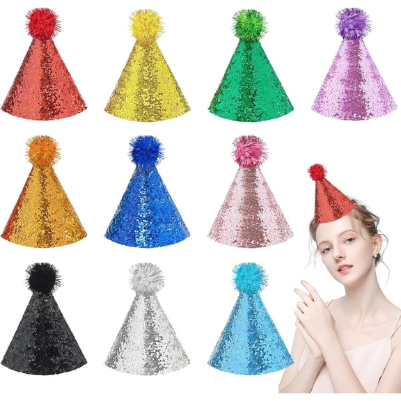 10 or 20 Pcs Kids Party Hats Birthday Party Hats with Pom Poms Glitter Cone Hat for Adults Stuffed Animals Toys