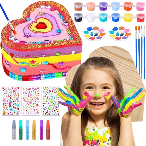 Fiudx Kit de Pintura Diy, Caja de Madera con Forma de Corazón, Pinturas Acrílicas y Pinceles Completos, Materiales Seguros para Niños, Idea de Regalo Creativa para Amantes Del Arte, Juego Imaginativo