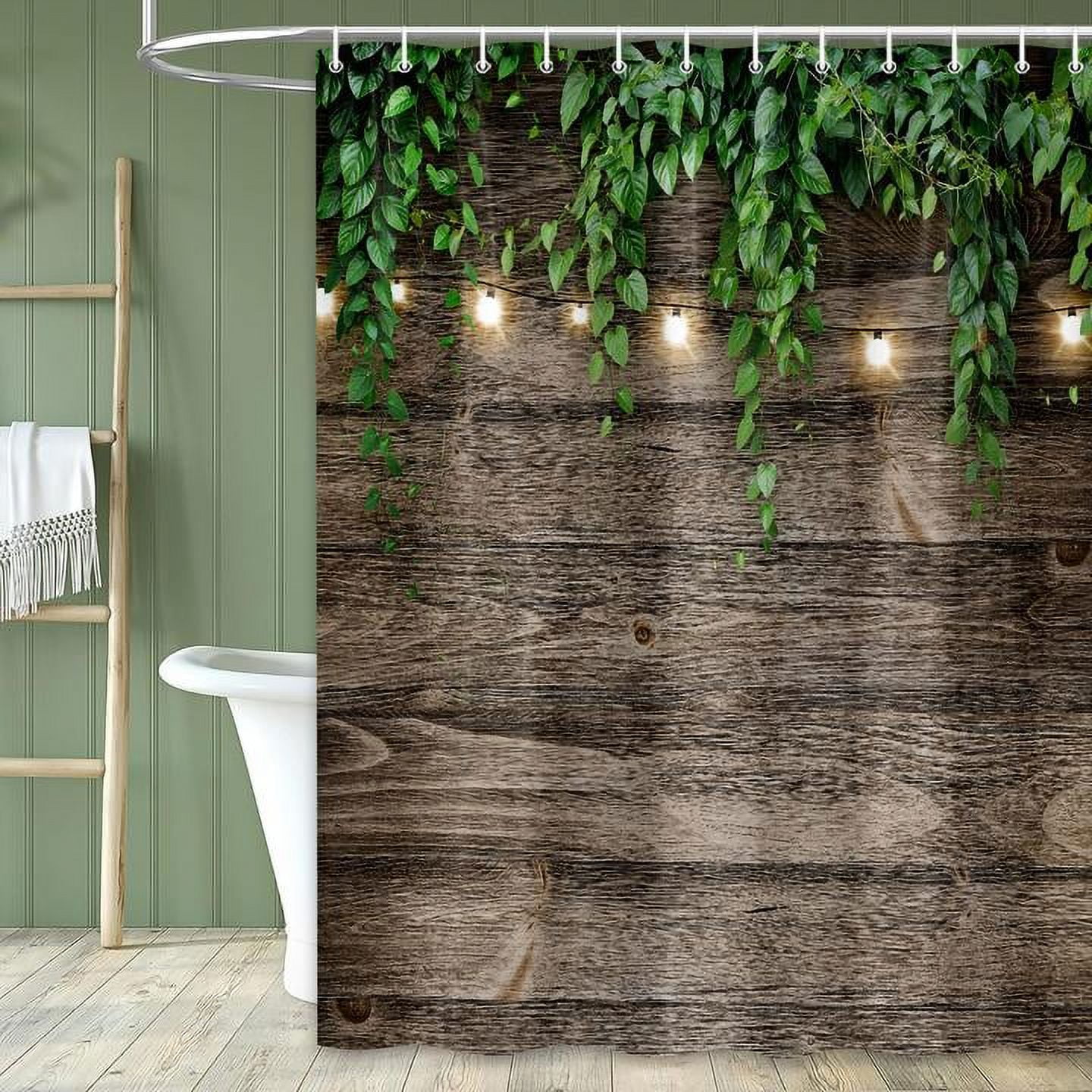 Rustic Outdoor Wall Shower Curtain, Grey Camo Shower Curtain Set for Bathroom, Vintage Wooden Bran Door Green Leaves Fabric Shower Curtain Restroom Bathtub Decor Accessories with Hooks 72X 84 inch
