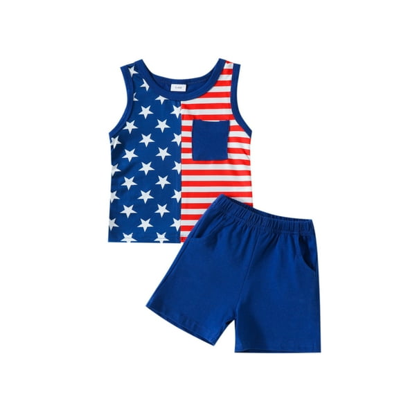 Odeerbi Infant Boys 2 Piece Outfits Independence Day Tank Tops Shorts Set Summer Clothes Independence Day Fashion Casual Round Neck Collar Sleeveless Blouse Printed Shorts Sets Blue