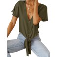 thumbnail image 3 of Women Buttons Down V Neck Short Sleeve Knotted Solid Color Shirt, 3 of 5
