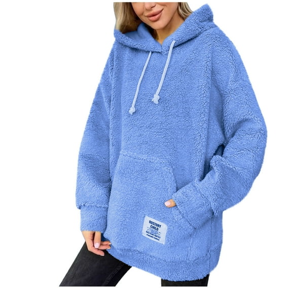 Lovskoo 2023 Winter Women's Fuzzy Fleece Hoodies Sweatshirts Casual Long Sleeves Sherpa Teddy Pullover with Pockets Blue