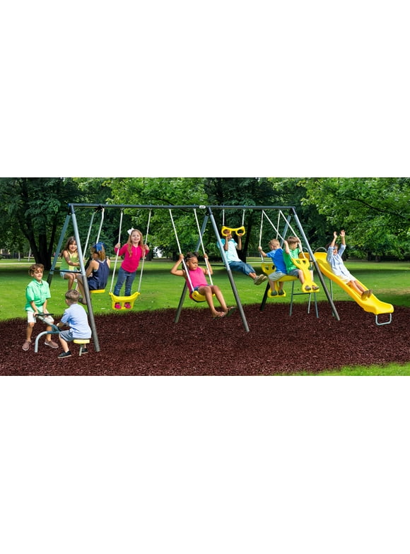 XDP Recreation Rising Sun Metal Swing Set with See Saw, Glider, Stand N Surf, Swing, Deluxe Trapeze, Fun Glider and Wave Slide