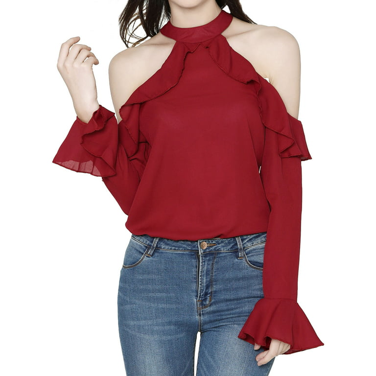 Women Halter Cold Shoulder Flare Sleeve Cut Out Ruffle Blouse