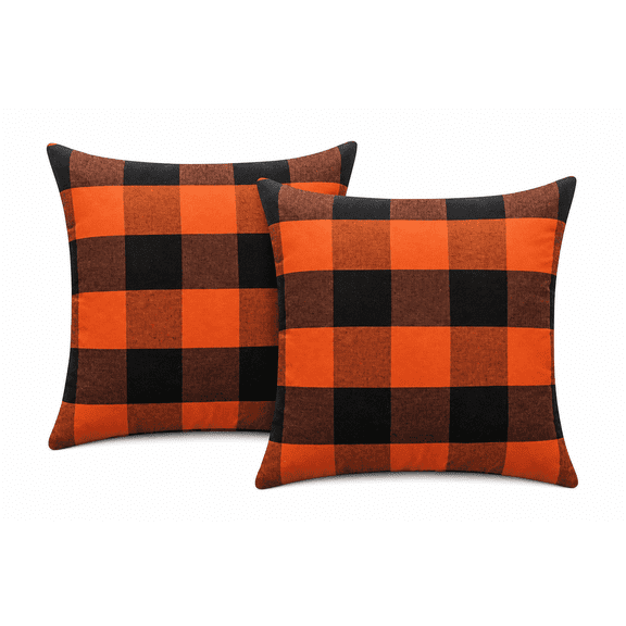 AJOHBM Halloween Pillow Covers - Set of 2 Buffalo Orange and Black Plaid Throw Pillow Covers, 18 x 18 Inch Farmhouse Cushion Cases for Halloween Decor, Outdoor and Indoor Home Fall Decor